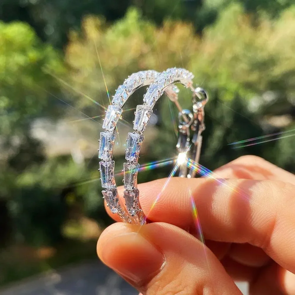 NEW 925 STERLING SILVER HOOP WHITE SAPPHIRE EARRINGS - Picture 1 of 9